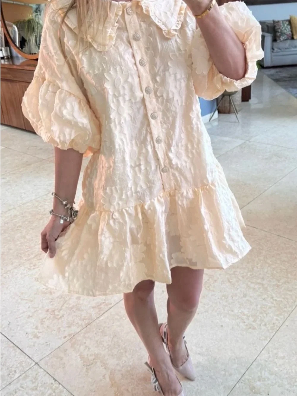 Cream Textured Ruffle Mini Dress - Picture 2 of 4